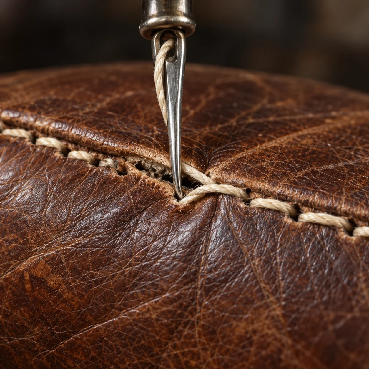 Needle and waxed thread closing a seam in brown leather