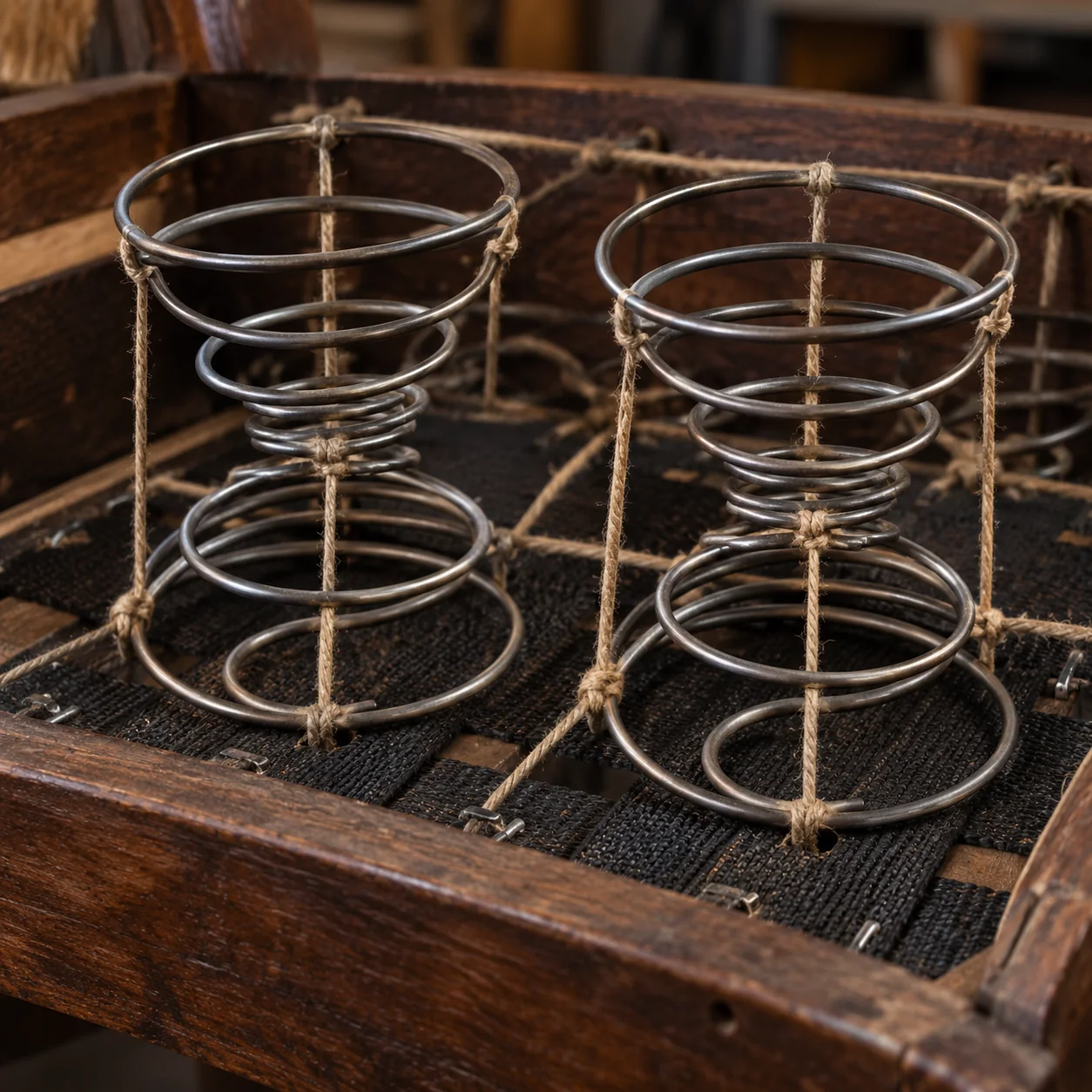 Hand-tied coil springs on a traditional dining chair seat deck