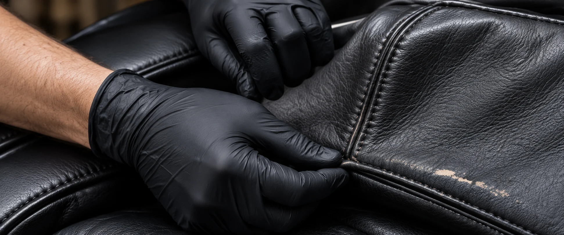 Gloved hands opening a worn seam on black leather