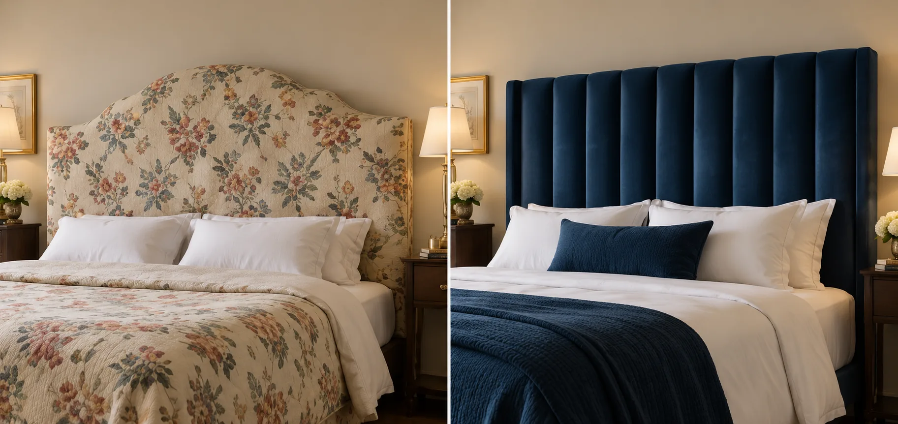 Headboard reupholstery before and after: a floral camelback headboard replaced by a wider navy channel-tufted board on the same wall