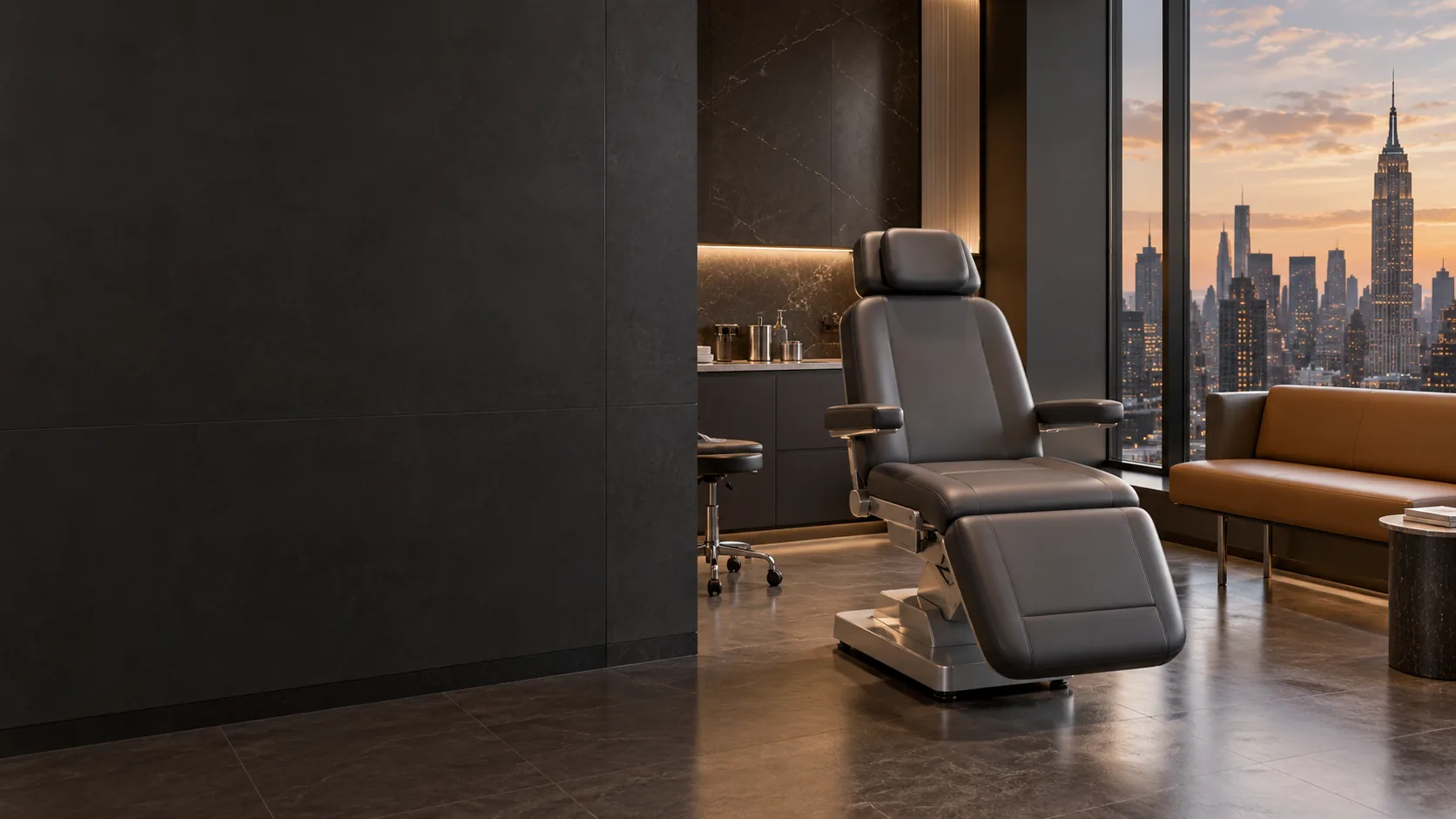 A dark Manhattan exam room at dusk with a charcoal procedure chair and a cognac sofa
