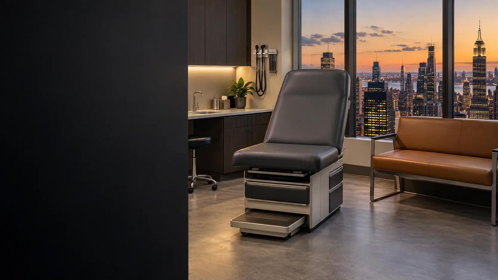 Medical furniture reupholstery NYC: an exam table and cognac bench in a Manhattan exam room at dusk