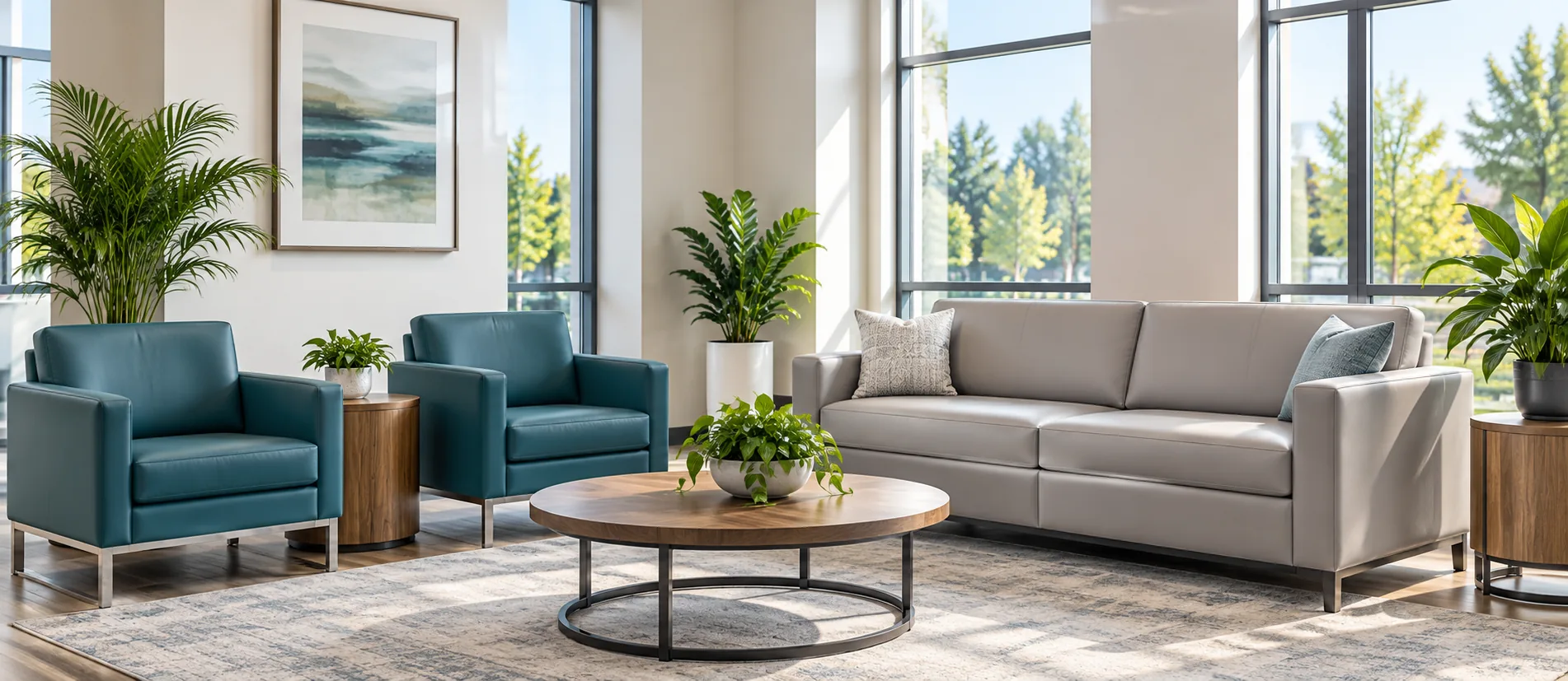 Healthcare property waiting area with leather armchairs and a gray sofa