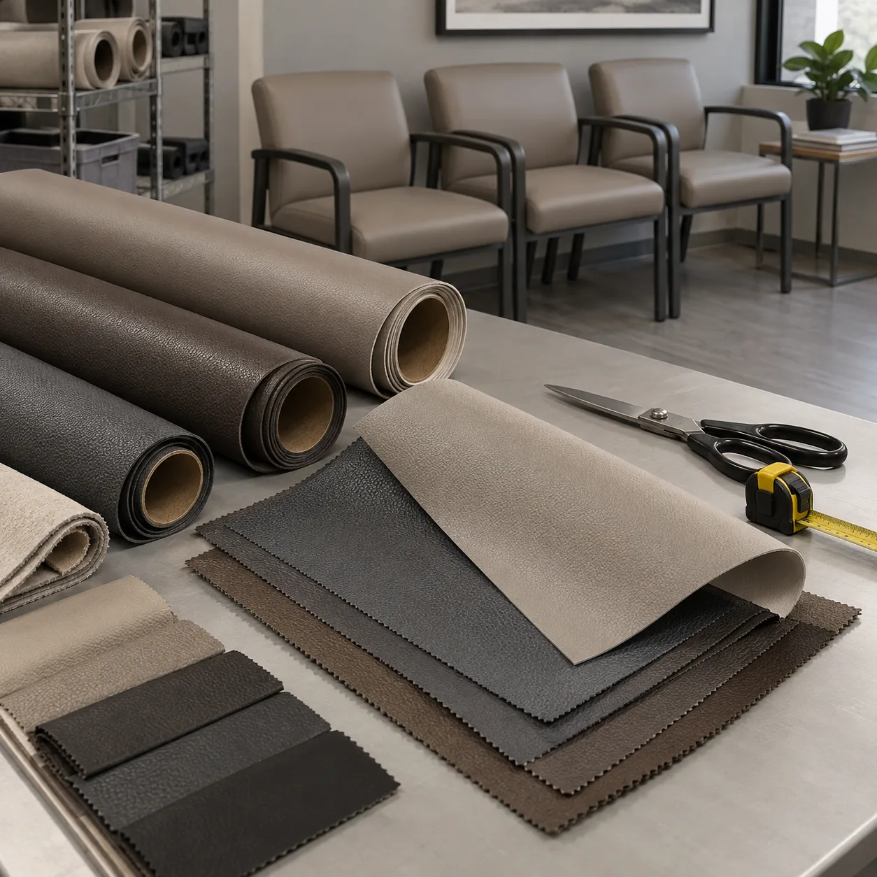 Rolls of healthcare vinyl and upholstery swatches on a workshop table
