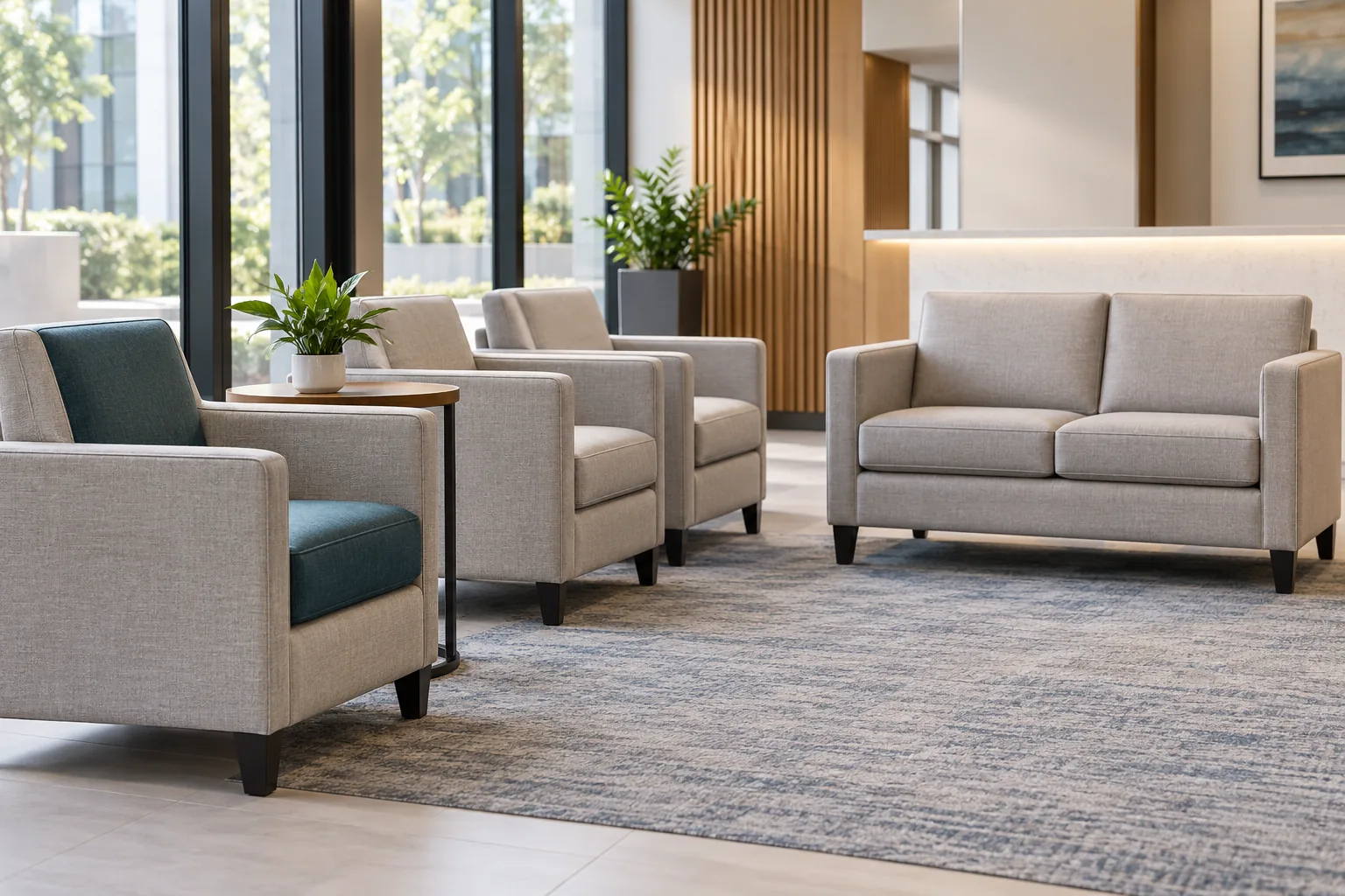 Upholstered chairs and sofas in a healthcare waiting area