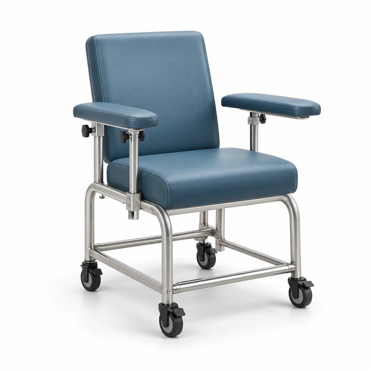 High-back patient treatment chair with fixed arms