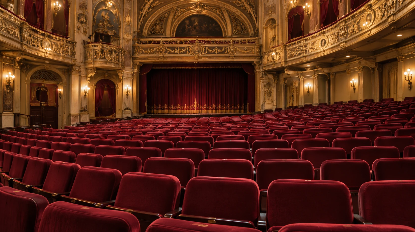Historic theater auditorium with gilded plasterwork seen from the balcony
