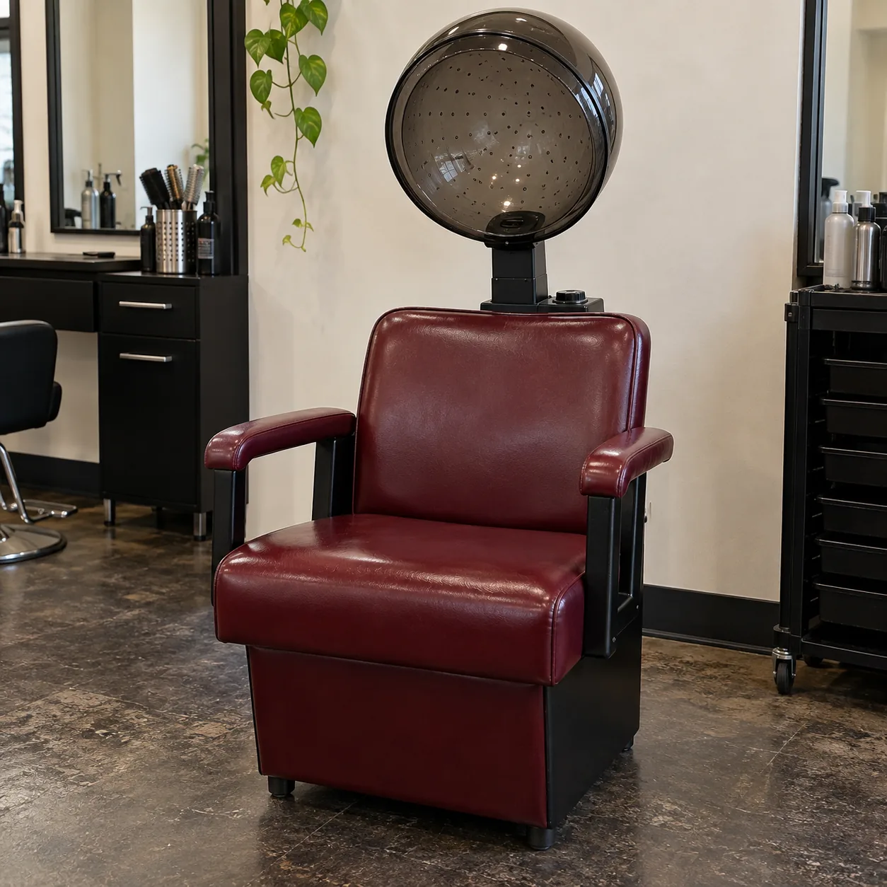 A burgundy vinyl hood dryer chair