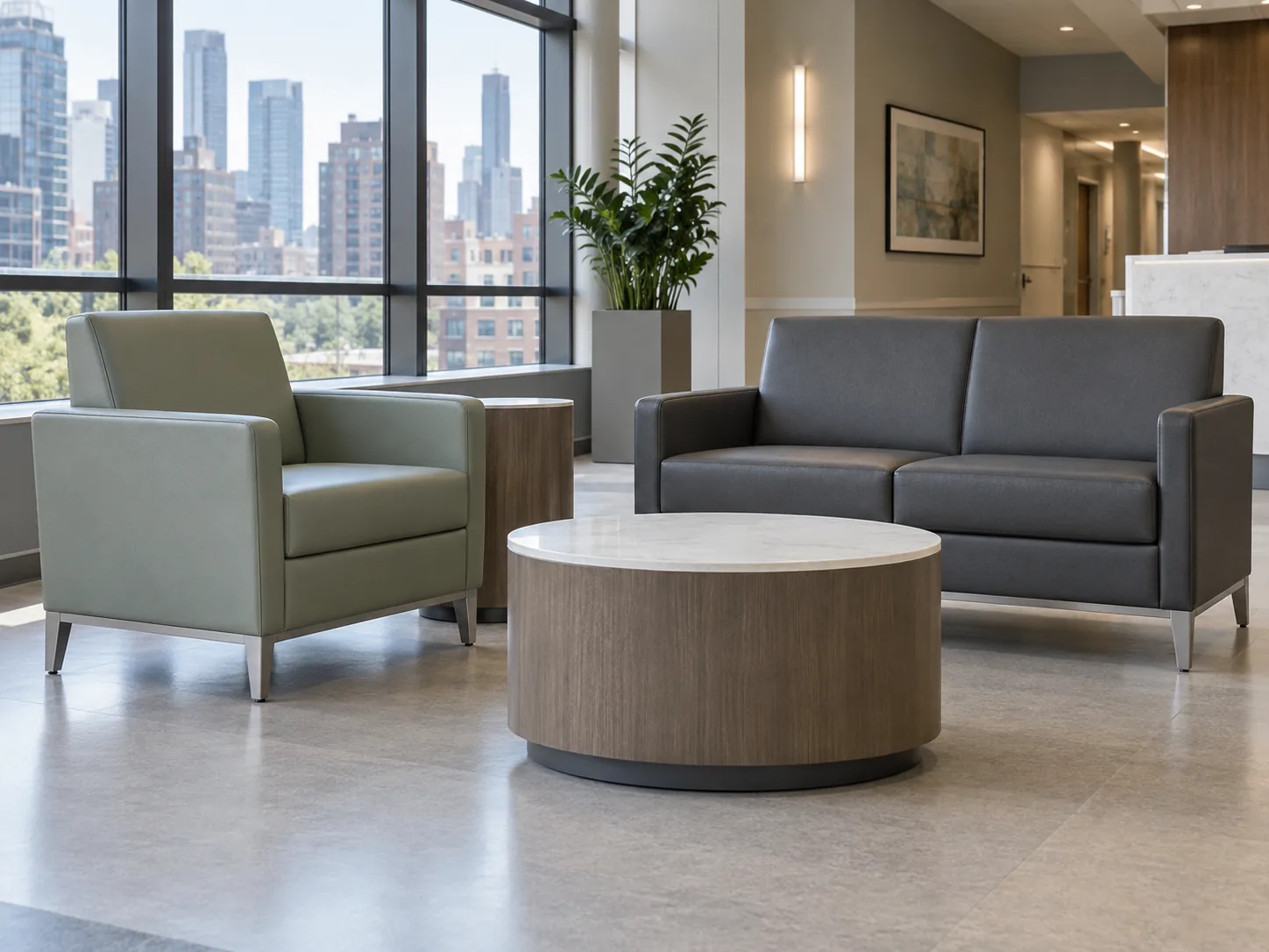 A hospital lounge with a sage armchair and a charcoal sofa