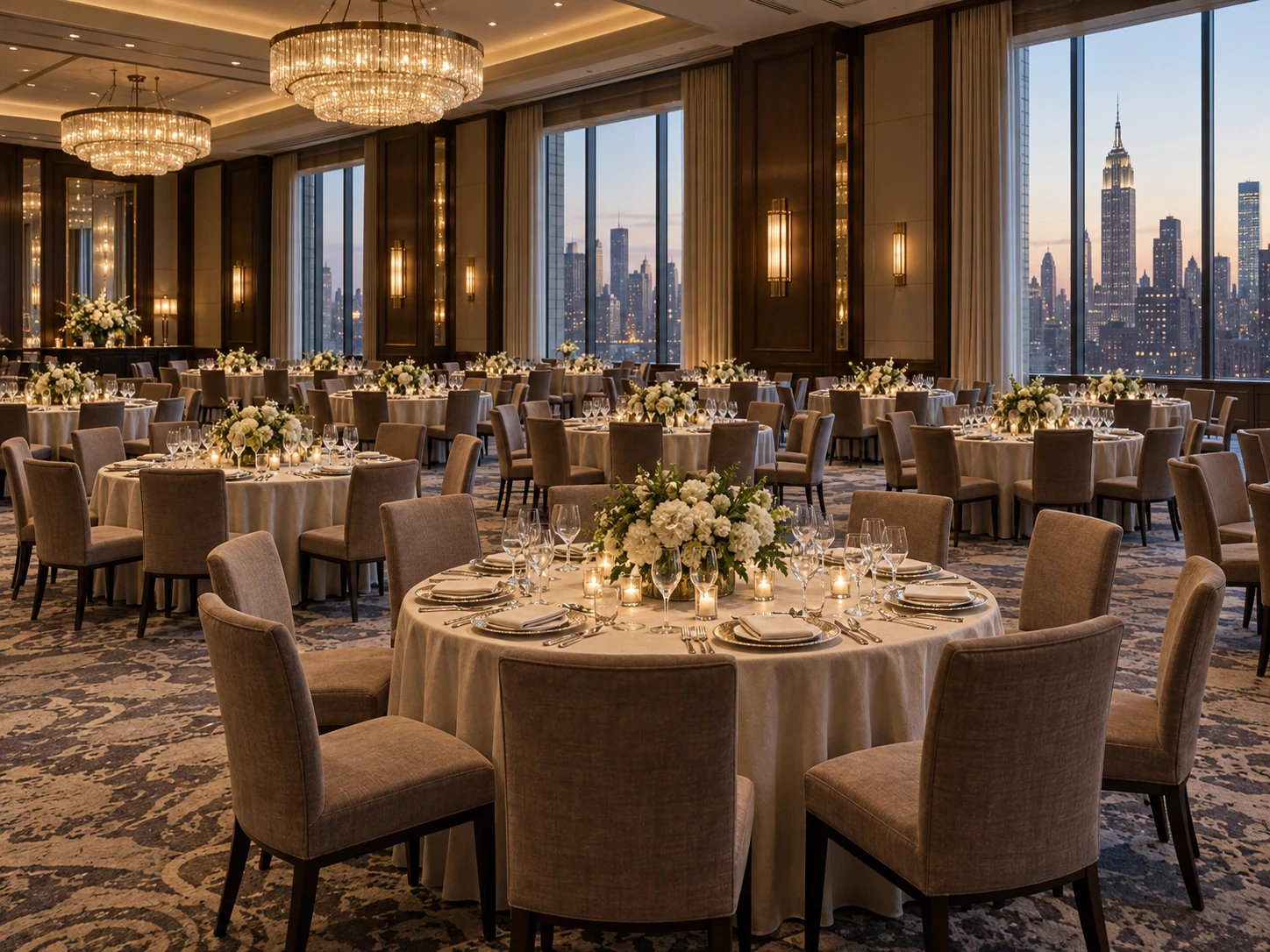 A hotel ballroom set with rows of upholstered banquet chairs