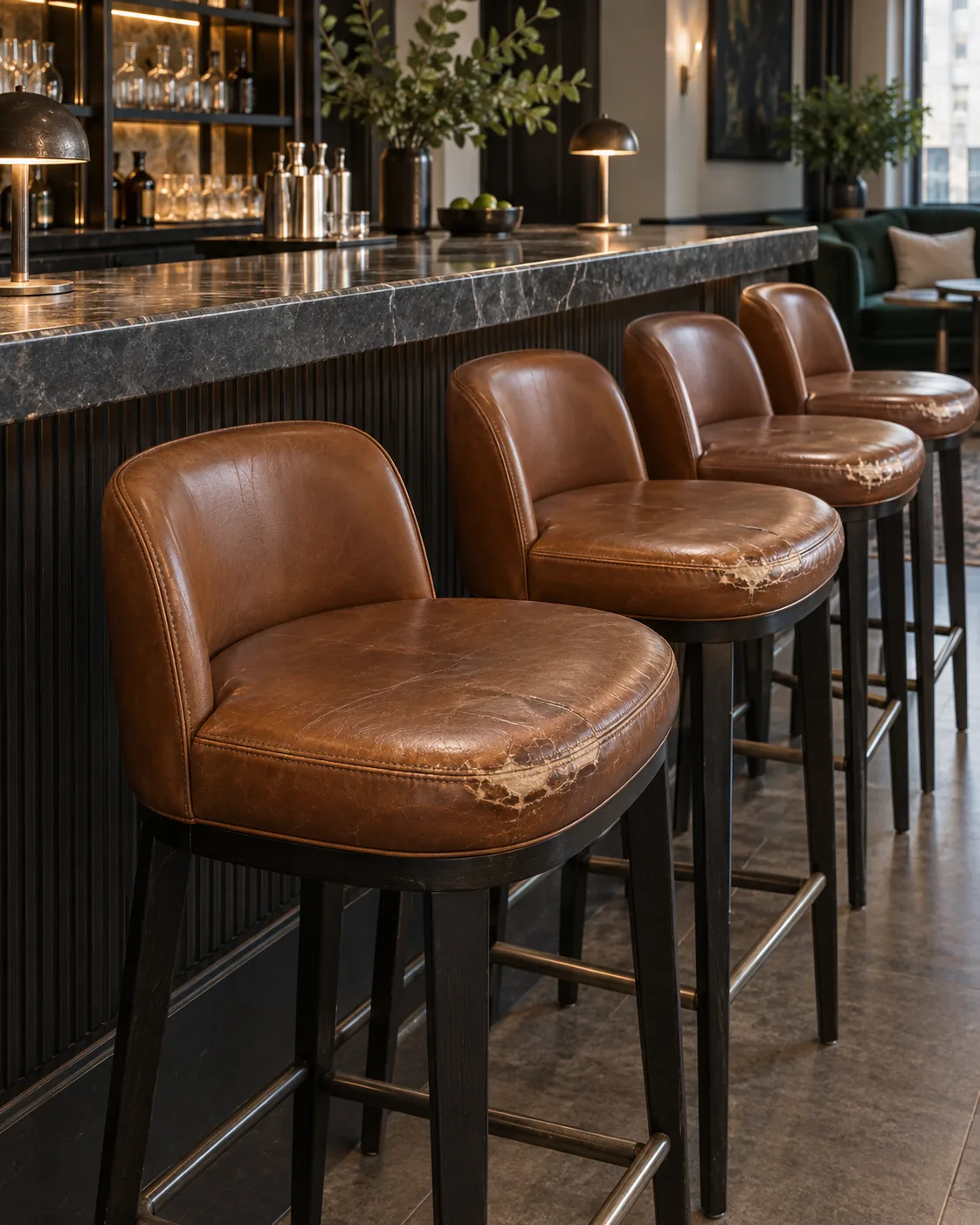 Worn leather bar stool seats