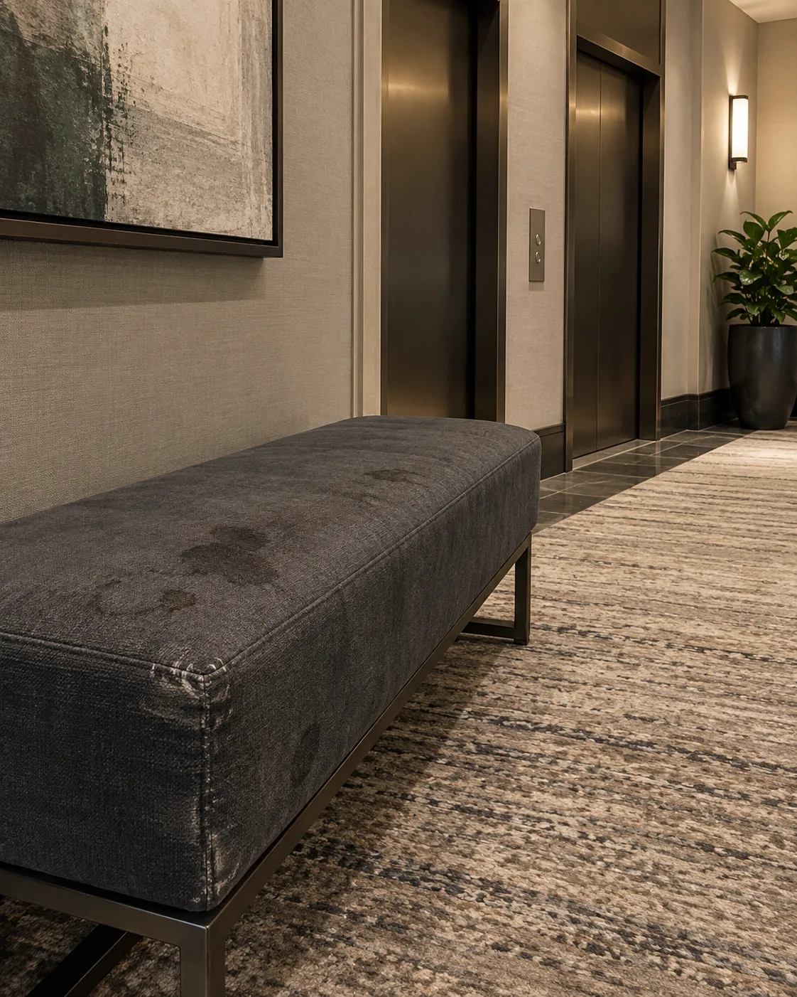 Stained fabric cover on a corridor bench