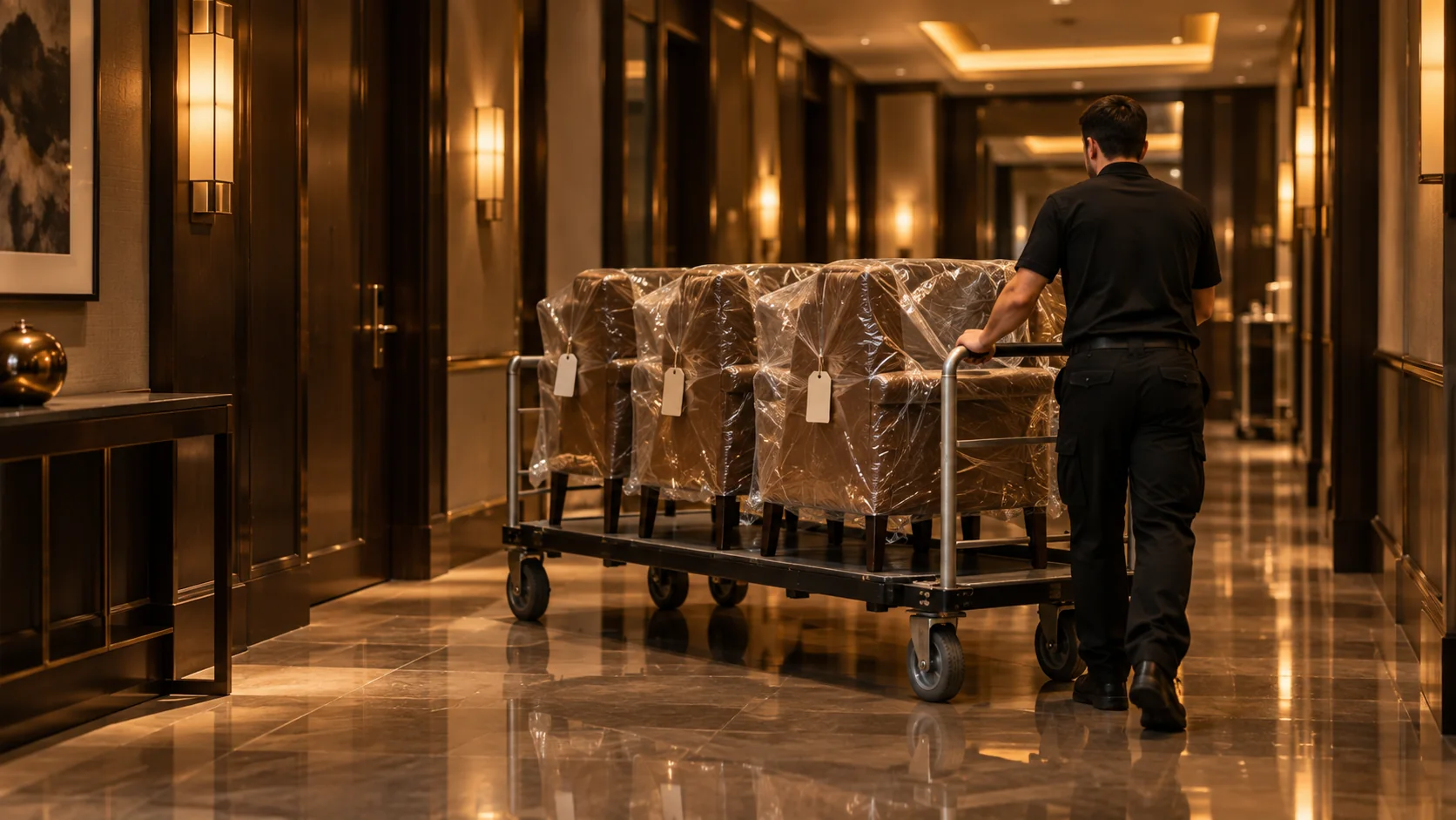 Wrapped furniture cart in a hotel corridor