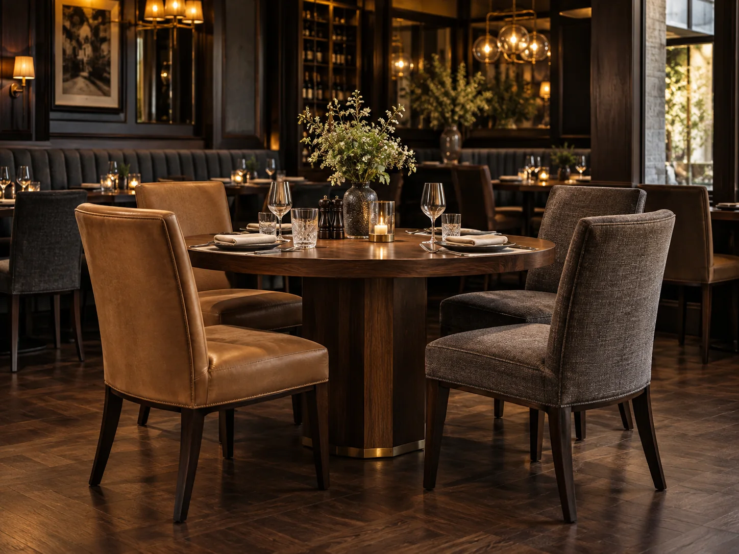 Hotel dining room with mixed upholstery on the chairs
