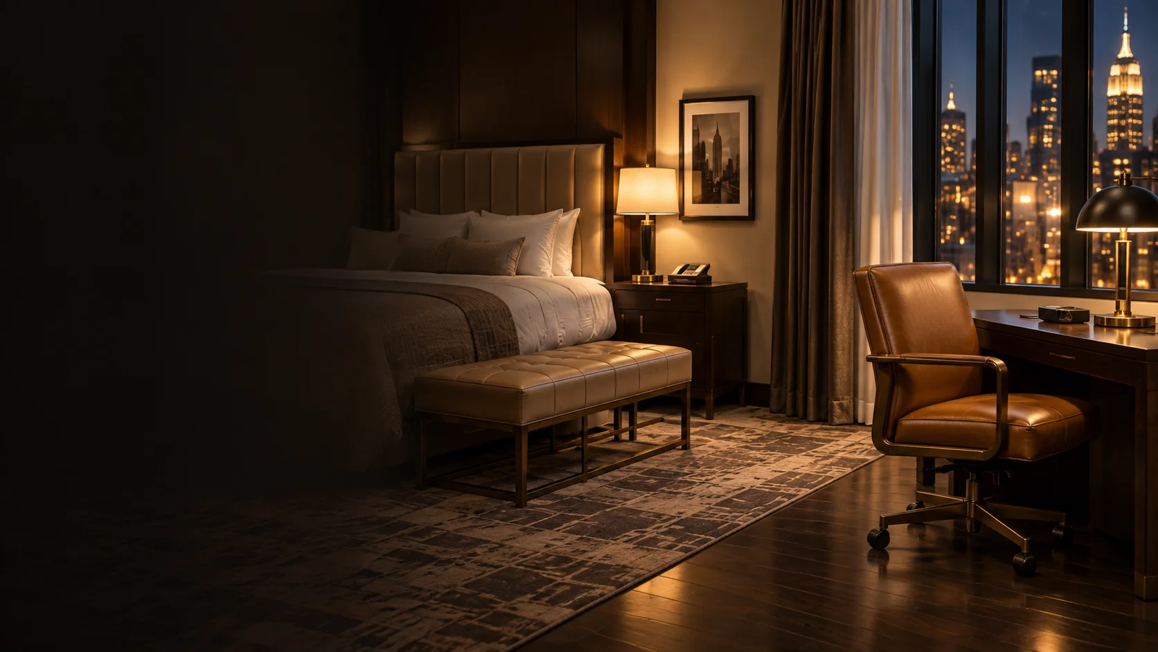 A hotel guest room in the evening with a leather desk chair and luggage bench
