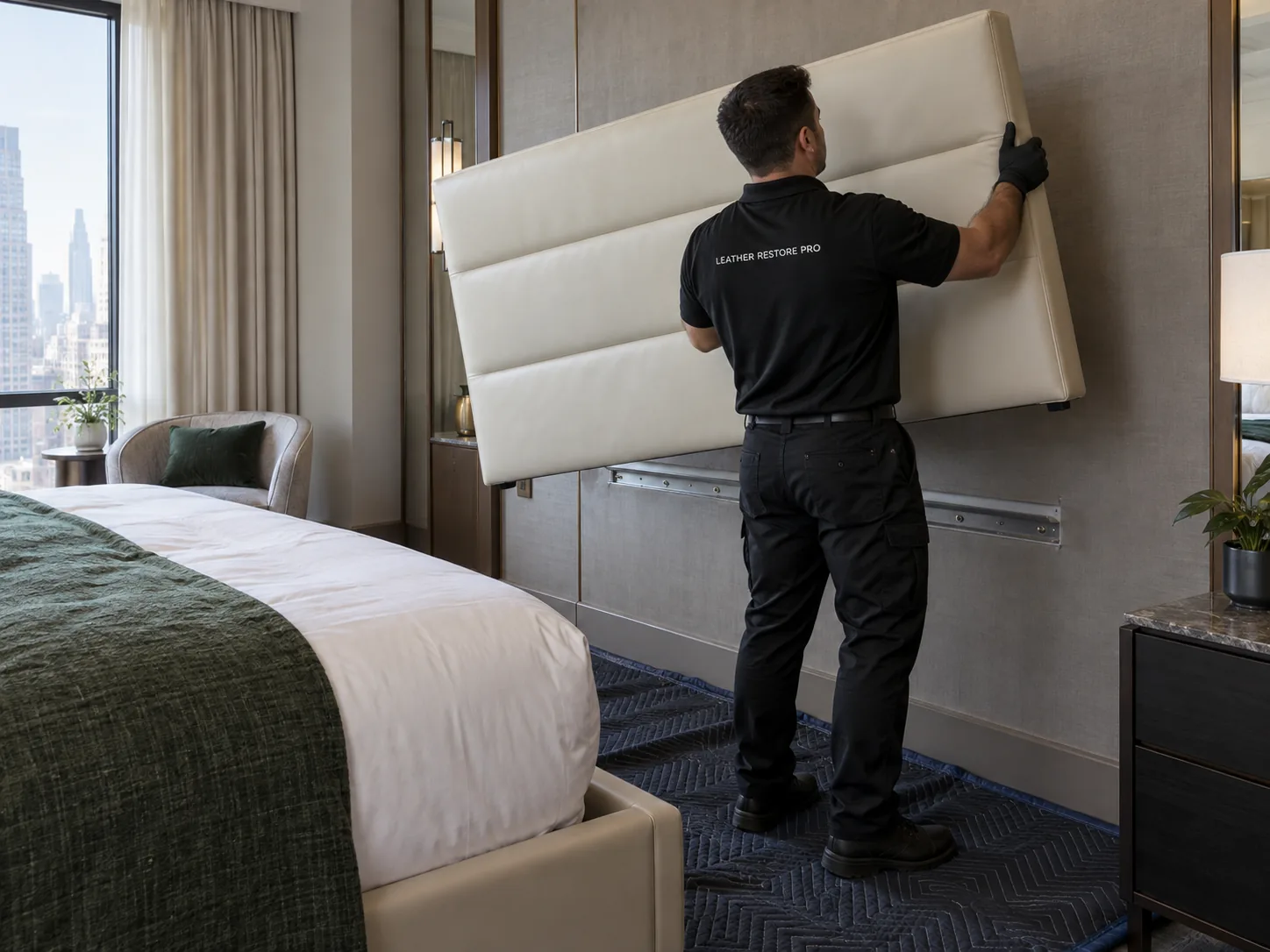 Upholsterer lifting a guest room headboard off its wall cleat