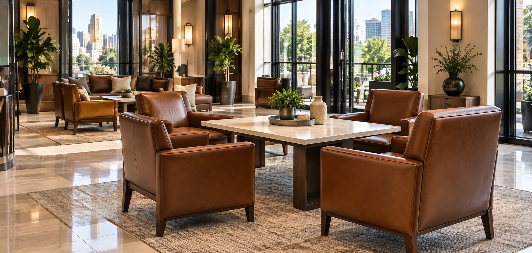 Hotel lounge with tan leather club chairs maintained under a property service program