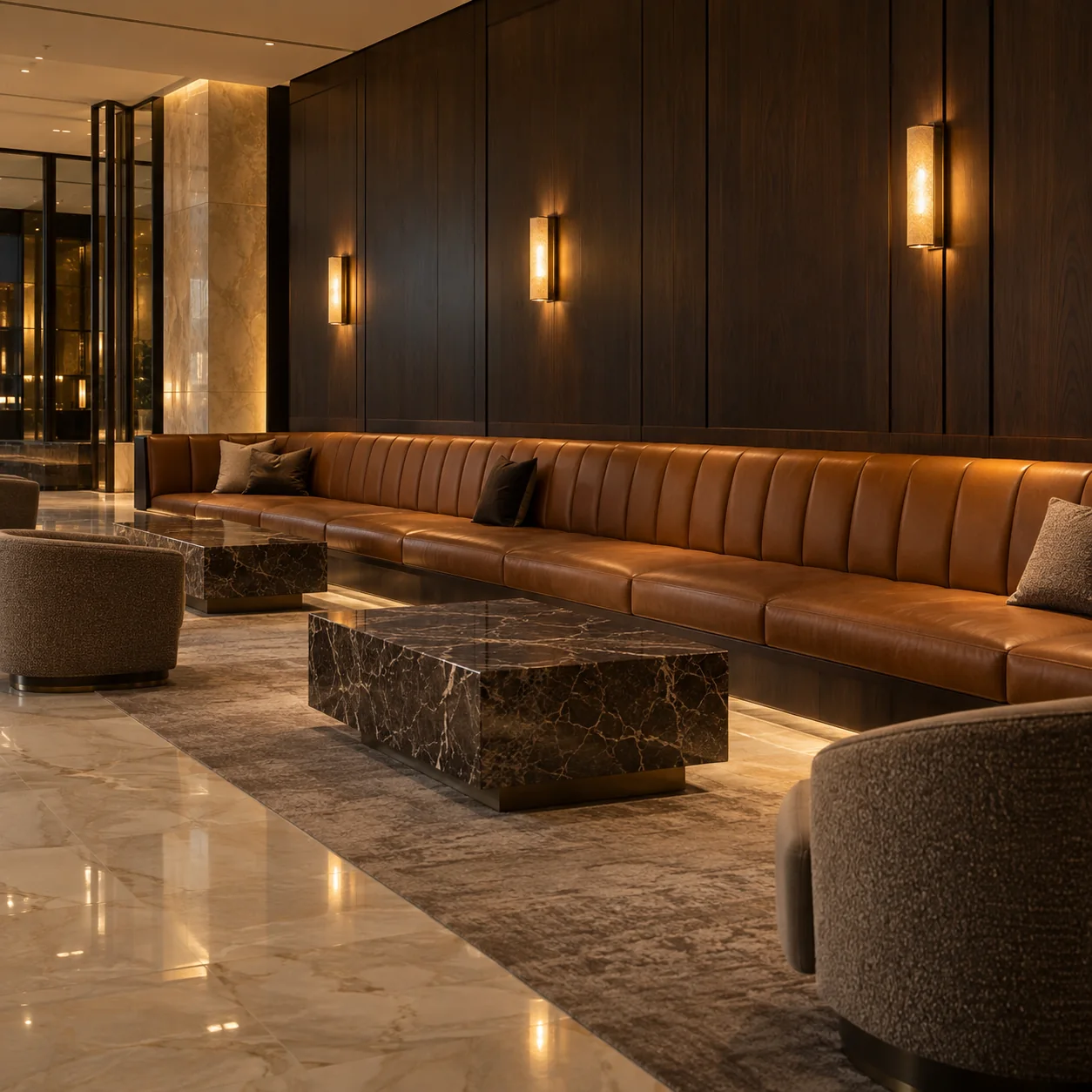 A built-in leather banquette along a hotel lobby wall