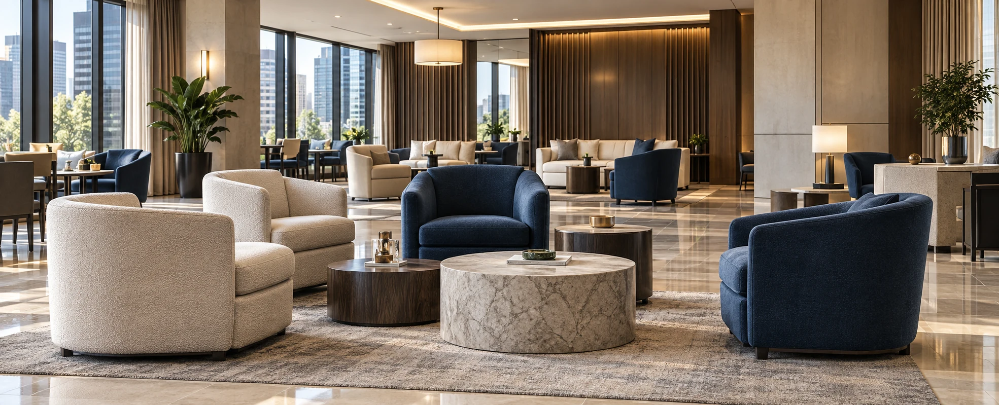 Cream and navy tub chairs arranged across a polished marble hotel lobby floor