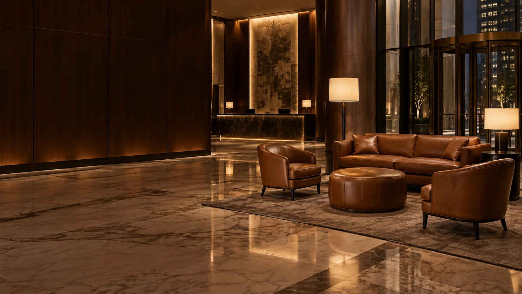 Hotel lobby leather seating in the evening