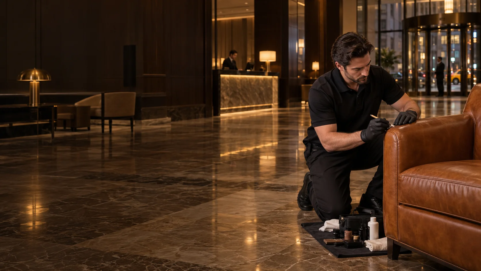 Furniture repair Midtown West: a technician repairing a leather chair in a hotel lobby