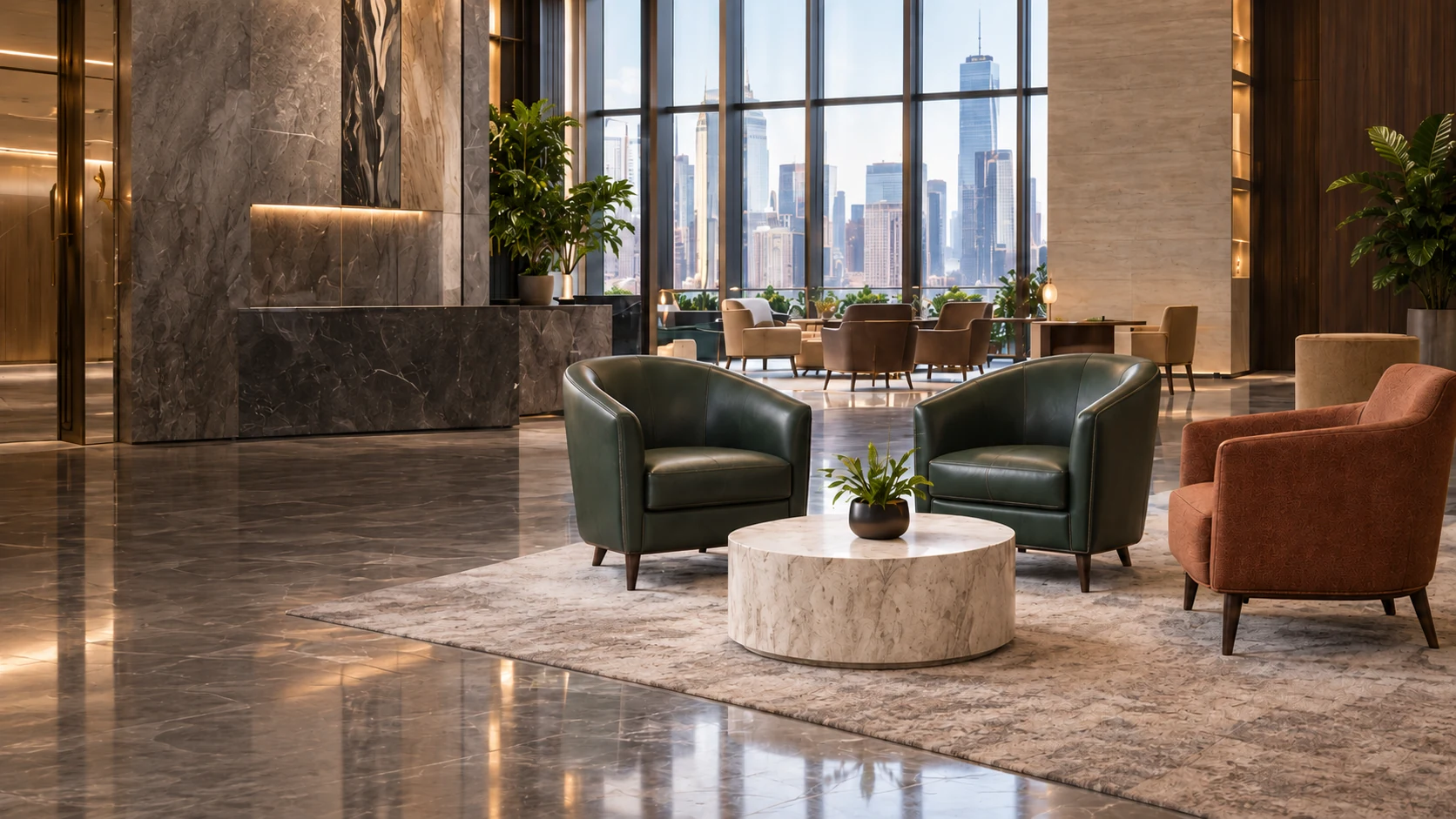 Green leather tub chairs in a hotel lobby with a city view, the kind of seating a commercial furniture repair quote covers