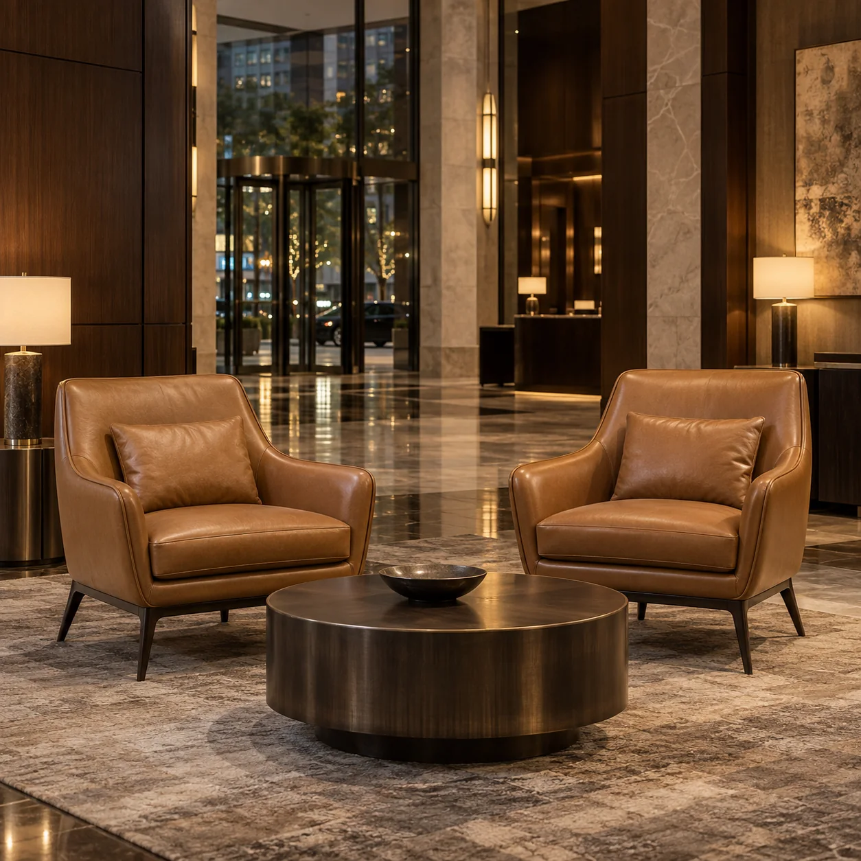 A pair of leather lounge chairs in a hotel lobby