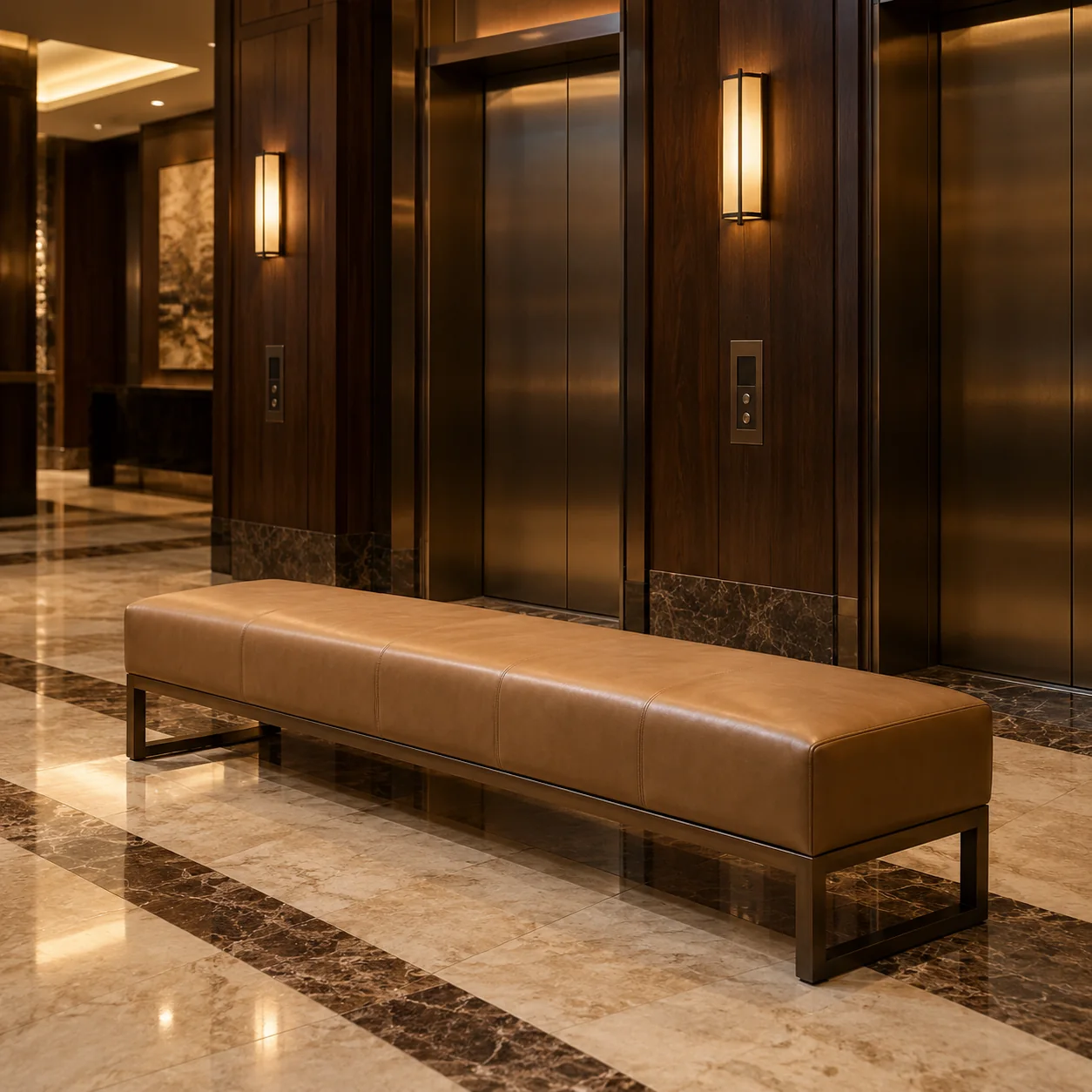 A leather bench by the elevators in a hotel lobby