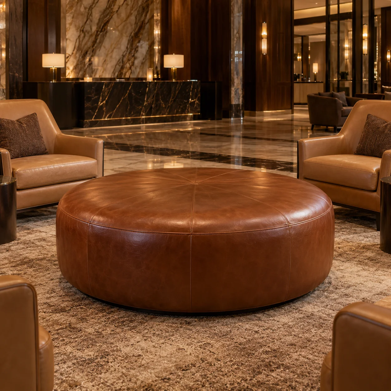 A round leather ottoman in the center of a hotel lobby