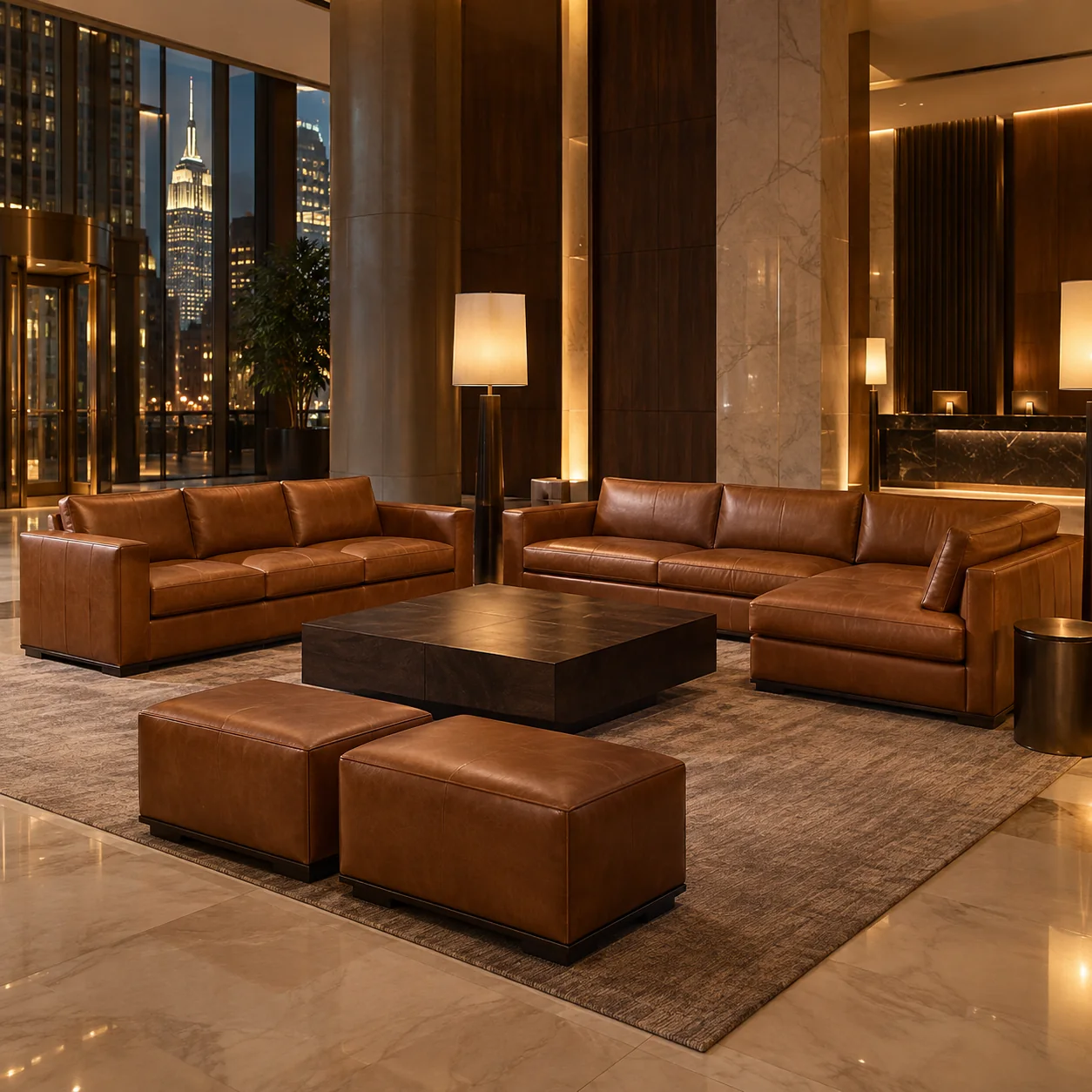A leather sofa and sectional in a hotel lobby seating group