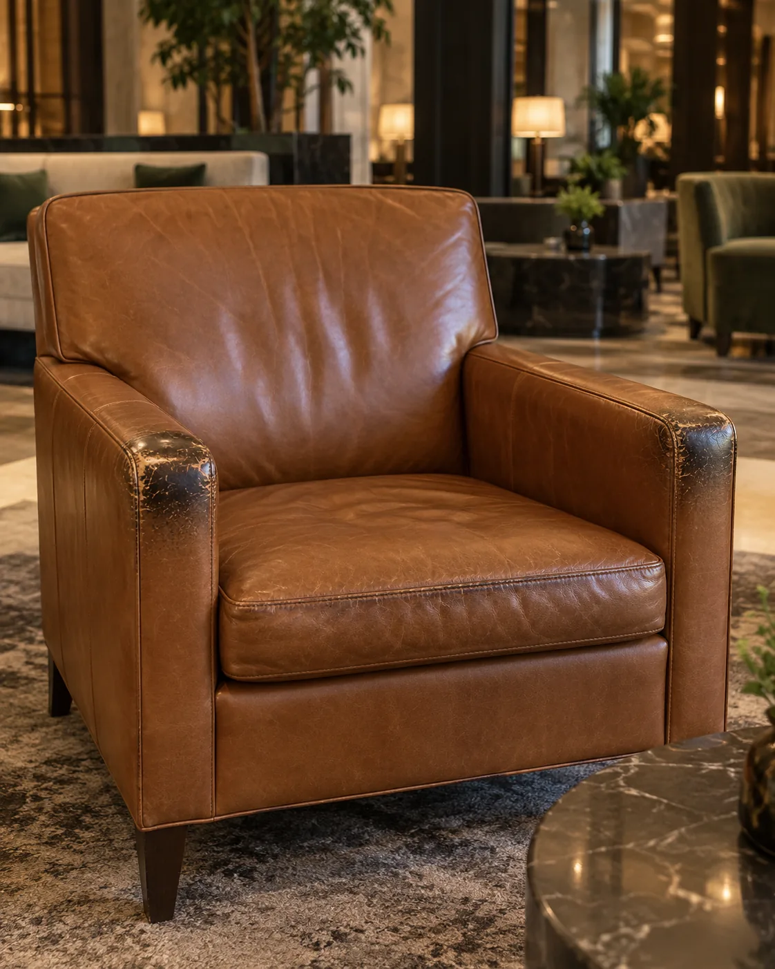 Lobby lounge chair with worn arms