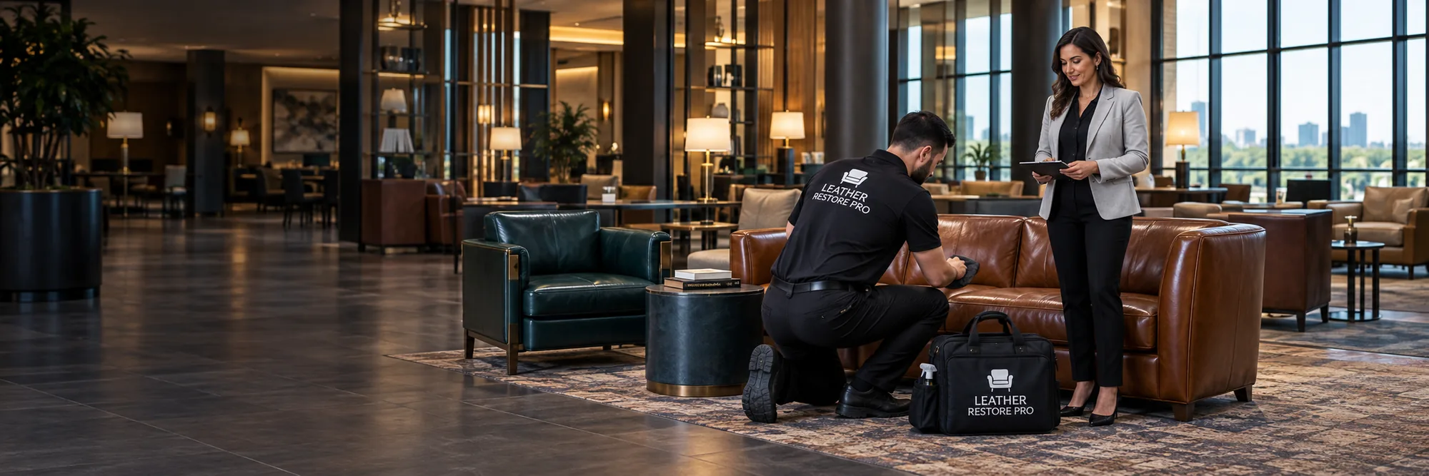 Leather lounge seating in a hotel lobby in the evening