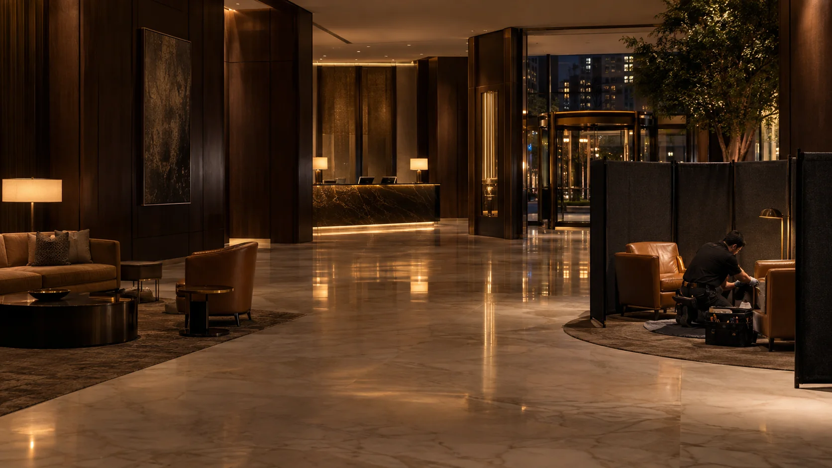 One section of a hotel lobby worked on at night