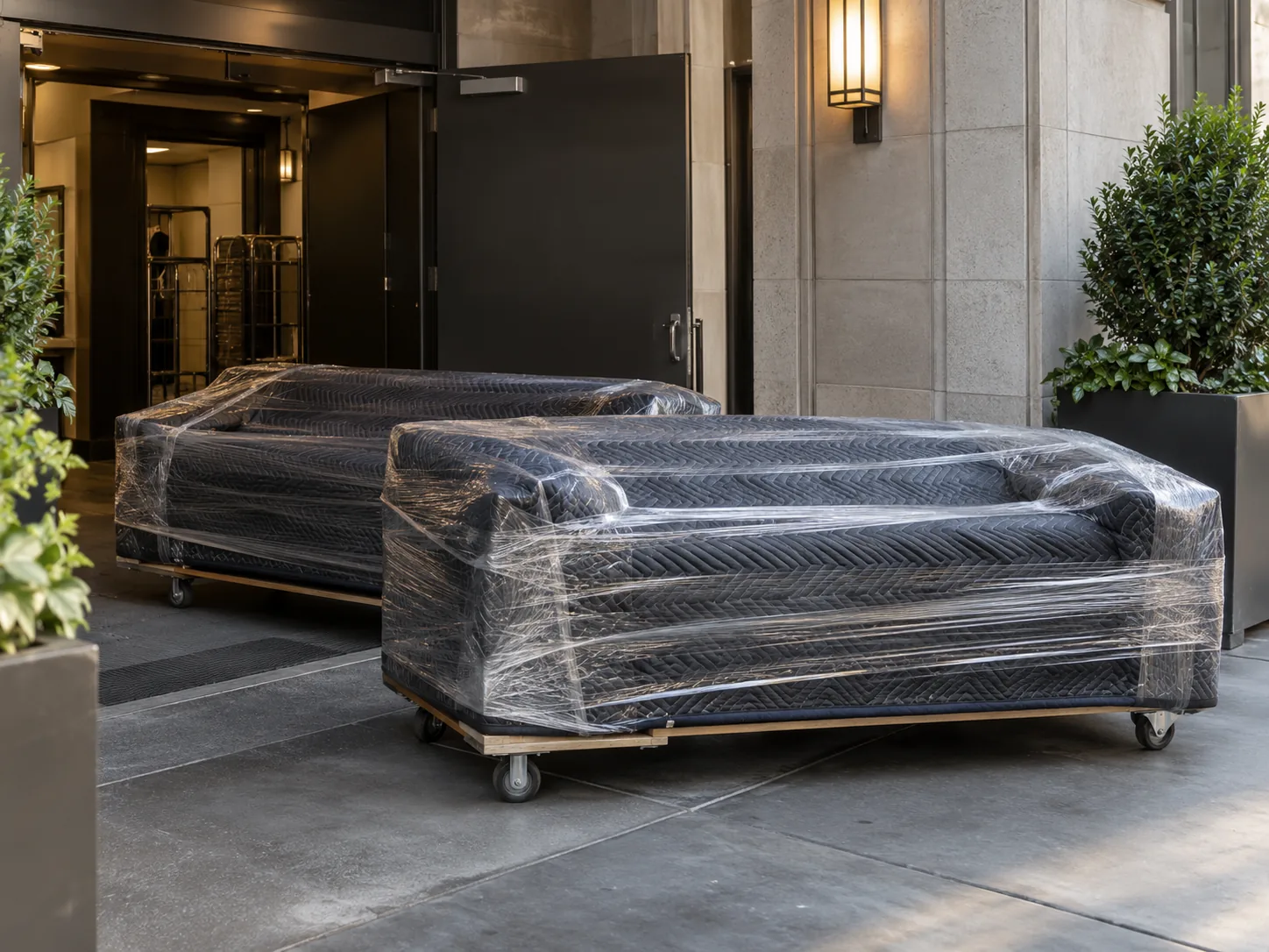 Hotel lobby sofas wrapped and staged by the service entrance for collection