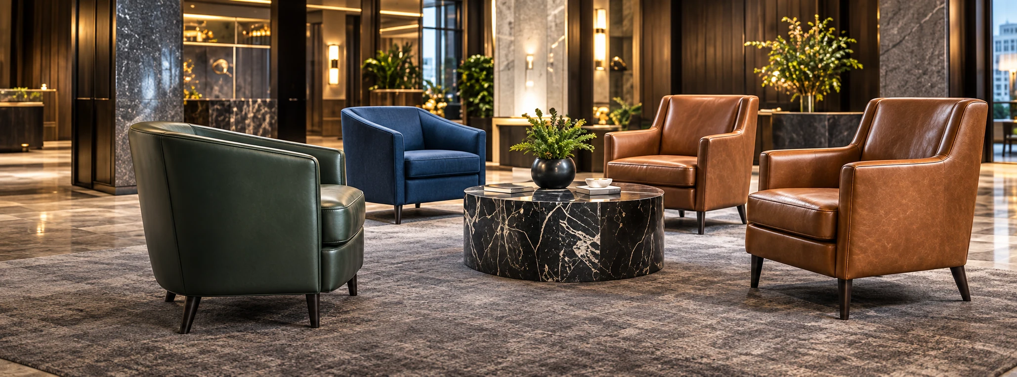 Hotel lounge with a green armchair, a navy armchair and two tan leather armchairs around a dark marble table