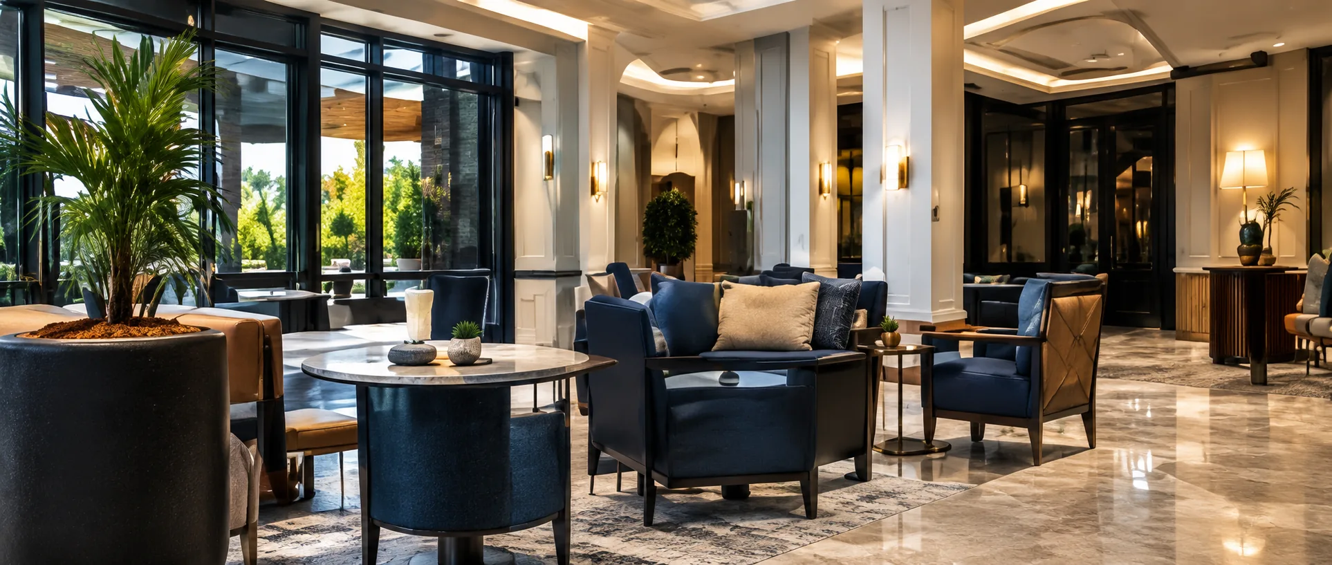 Hotel lounge leather seating beside marble, open and in use between monthly visits