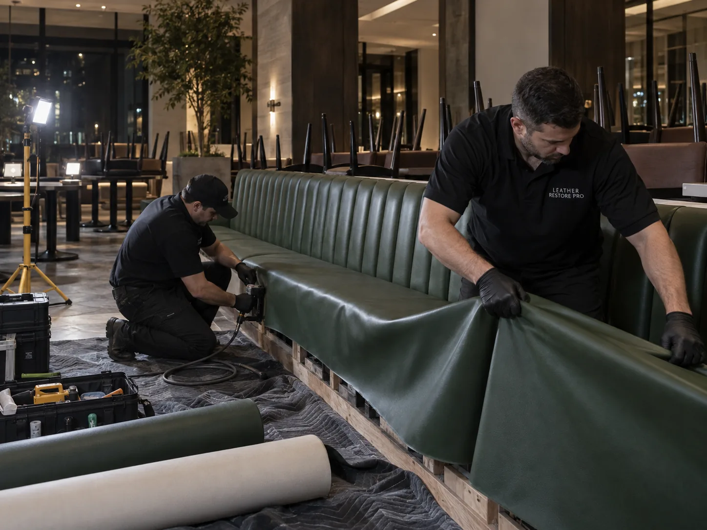 Crew recovering a green restaurant banquette after close