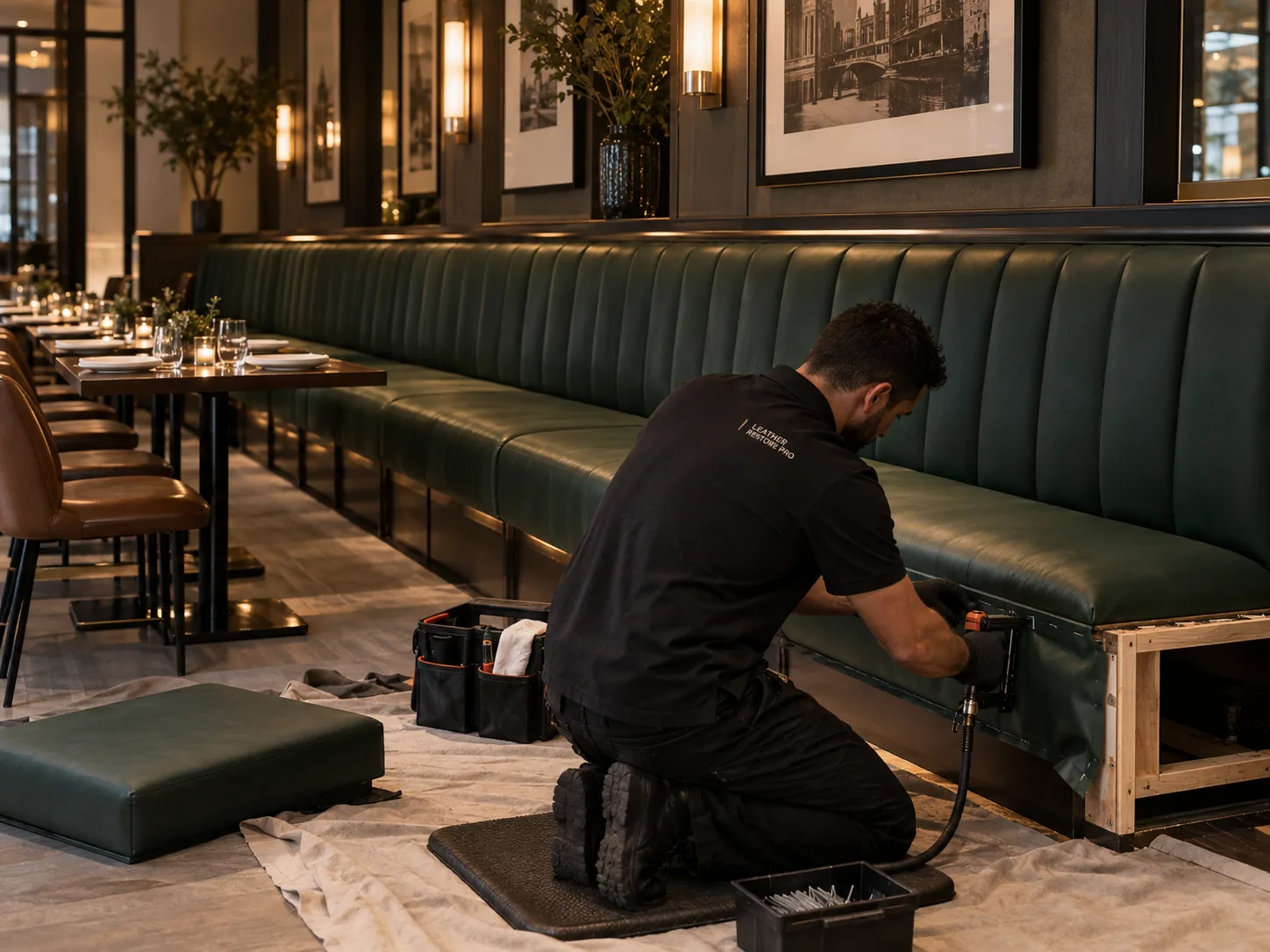 Green banquette recovered in place