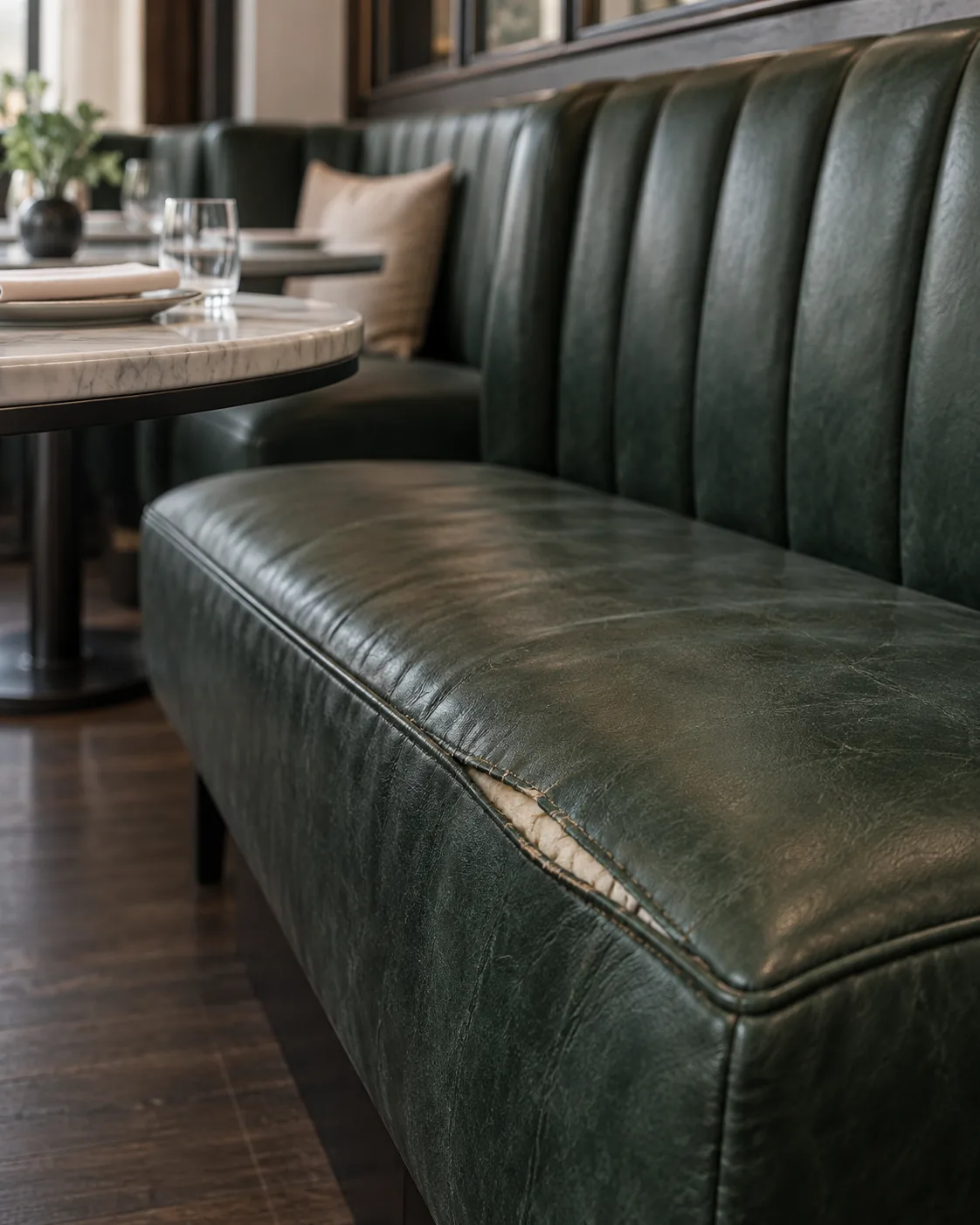 Split seat on a green leather banquette