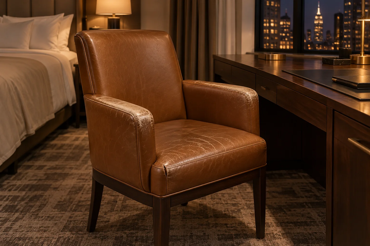 Hotel room armchair with worn arms by a desk