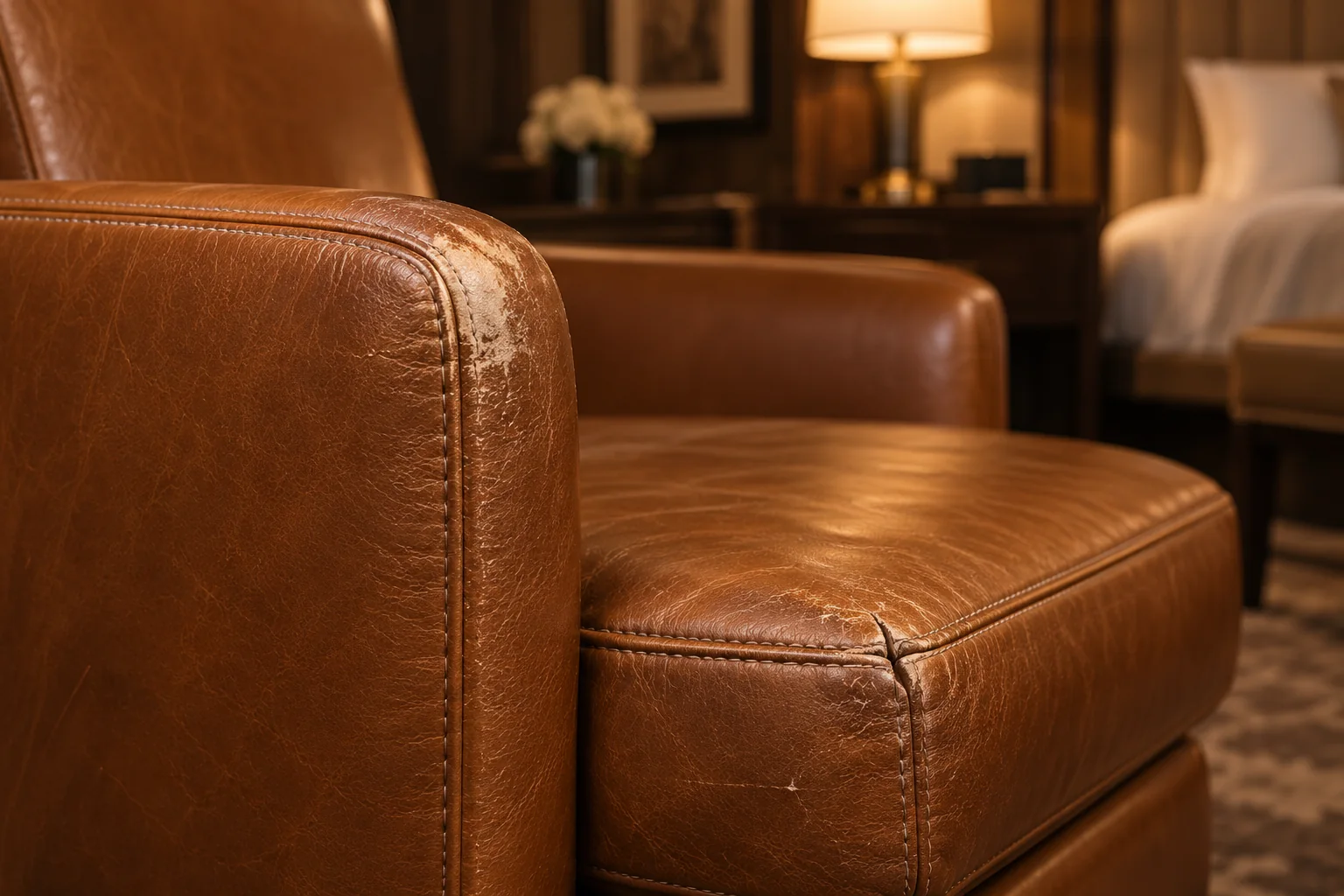 Scuffed arm and split seat seam on a hotel chair