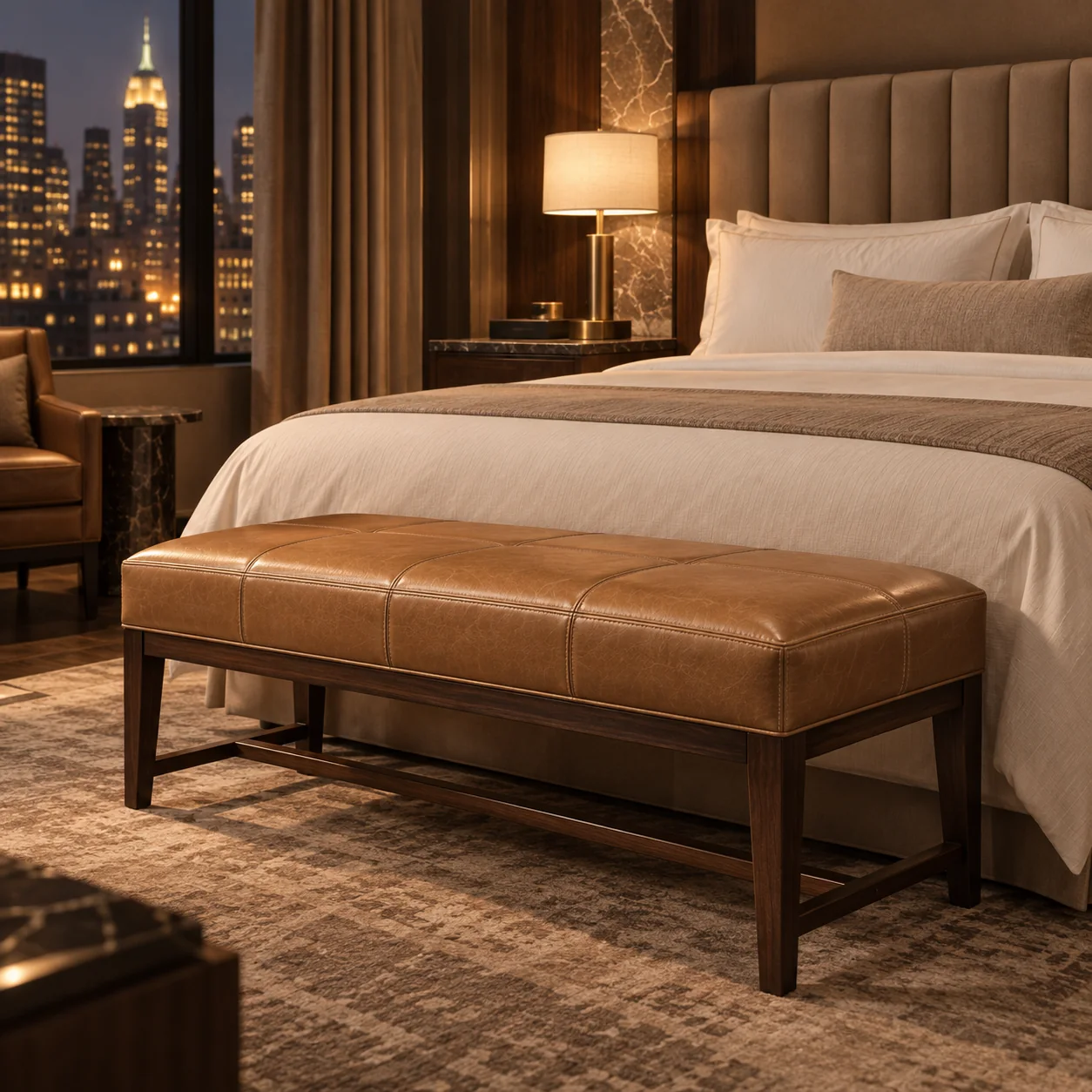 A leather luggage bench at the foot of a hotel bed