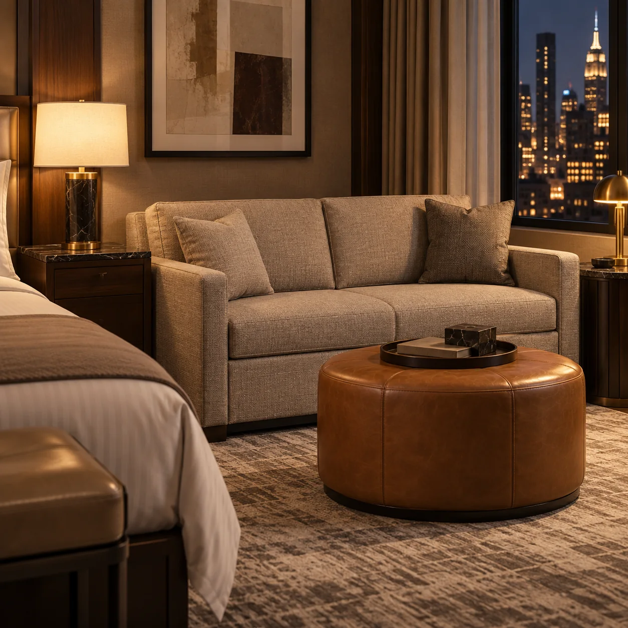 A sofa bed and round leather ottoman in a hotel guest room