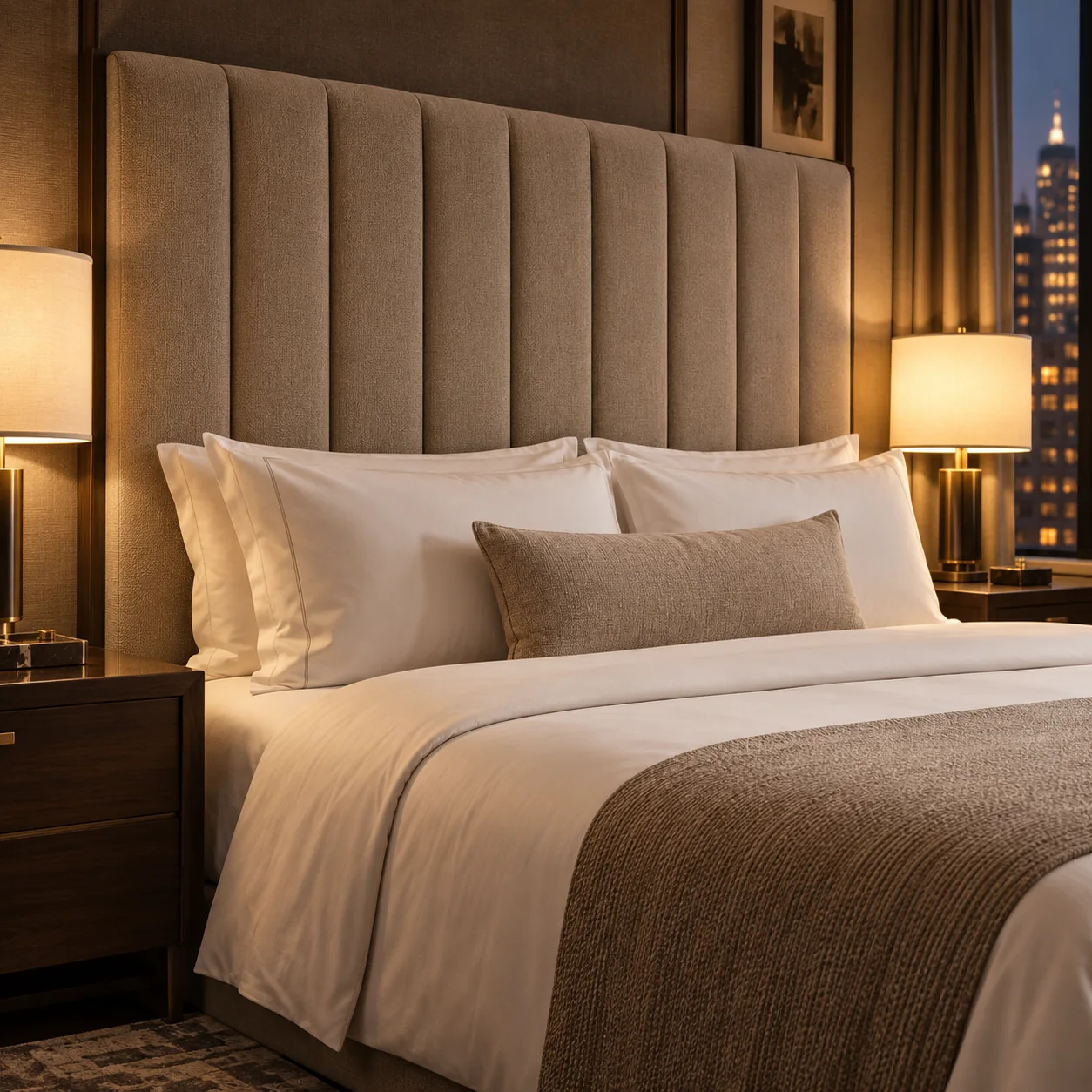 A channel-tufted upholstered headboard in a hotel guest room