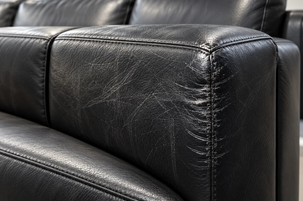 Hotel sofa with a damaged leather panel on the back cushion