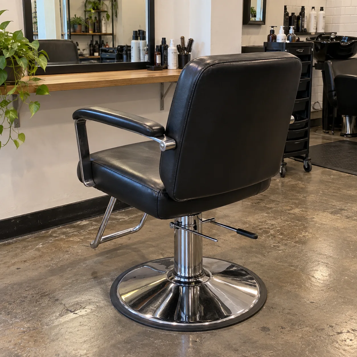 A black vinyl hydraulic styling chair