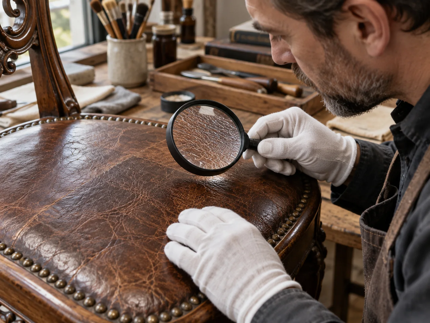 A restorer examining antique leather grain through a magnifier