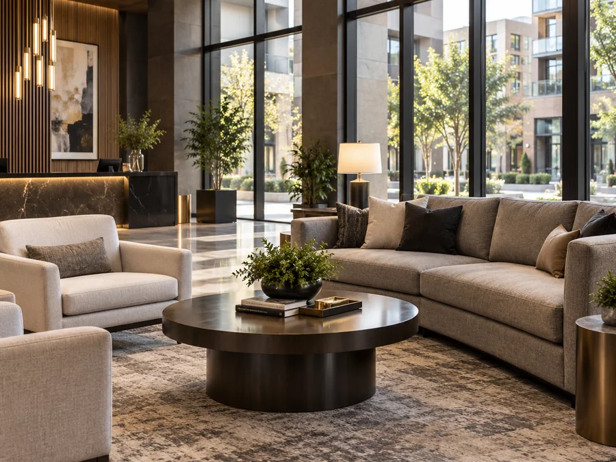 Residential building lounge maintained by a property manager