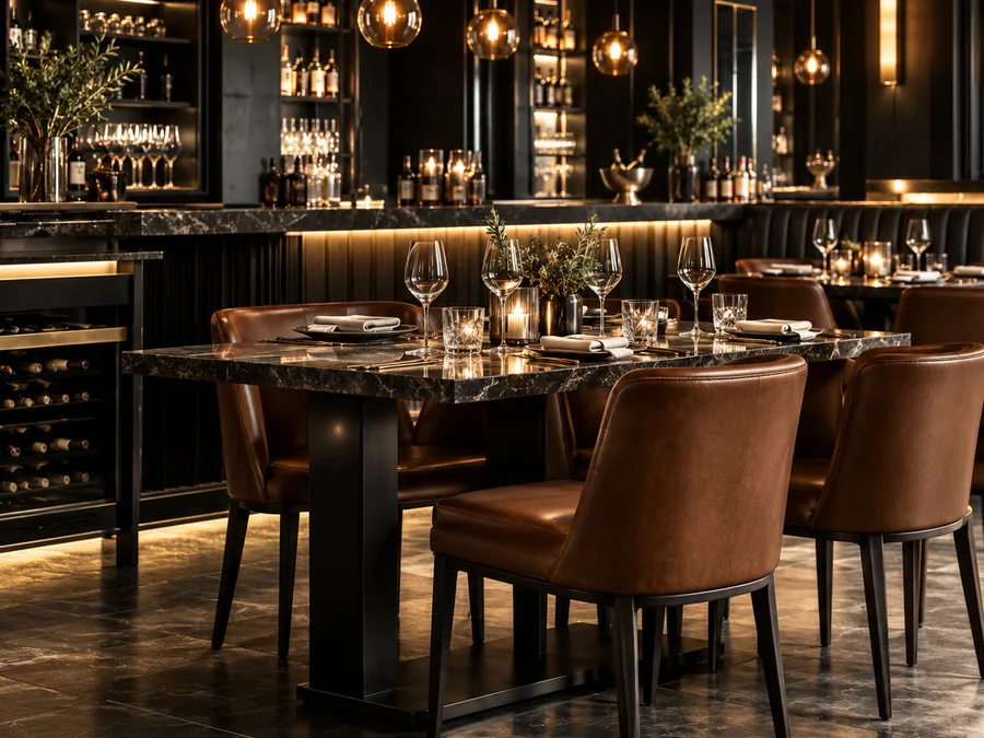 Restaurant dining room with upholstered booth seating