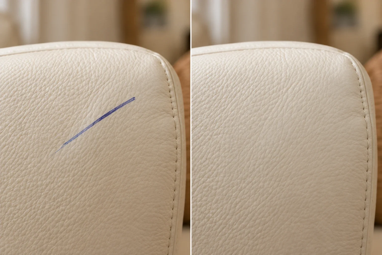 Pen line on a cream headrest before and after